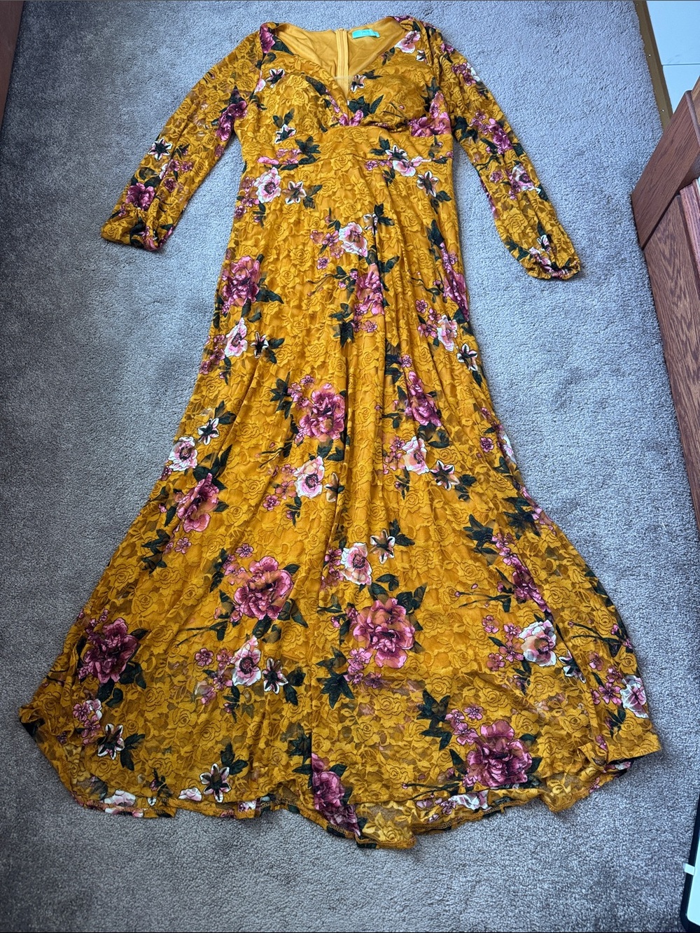 Toleen Floral Lace Burnout Maxi Dress Mustard Boho Long Sleeve SIZE 1XL